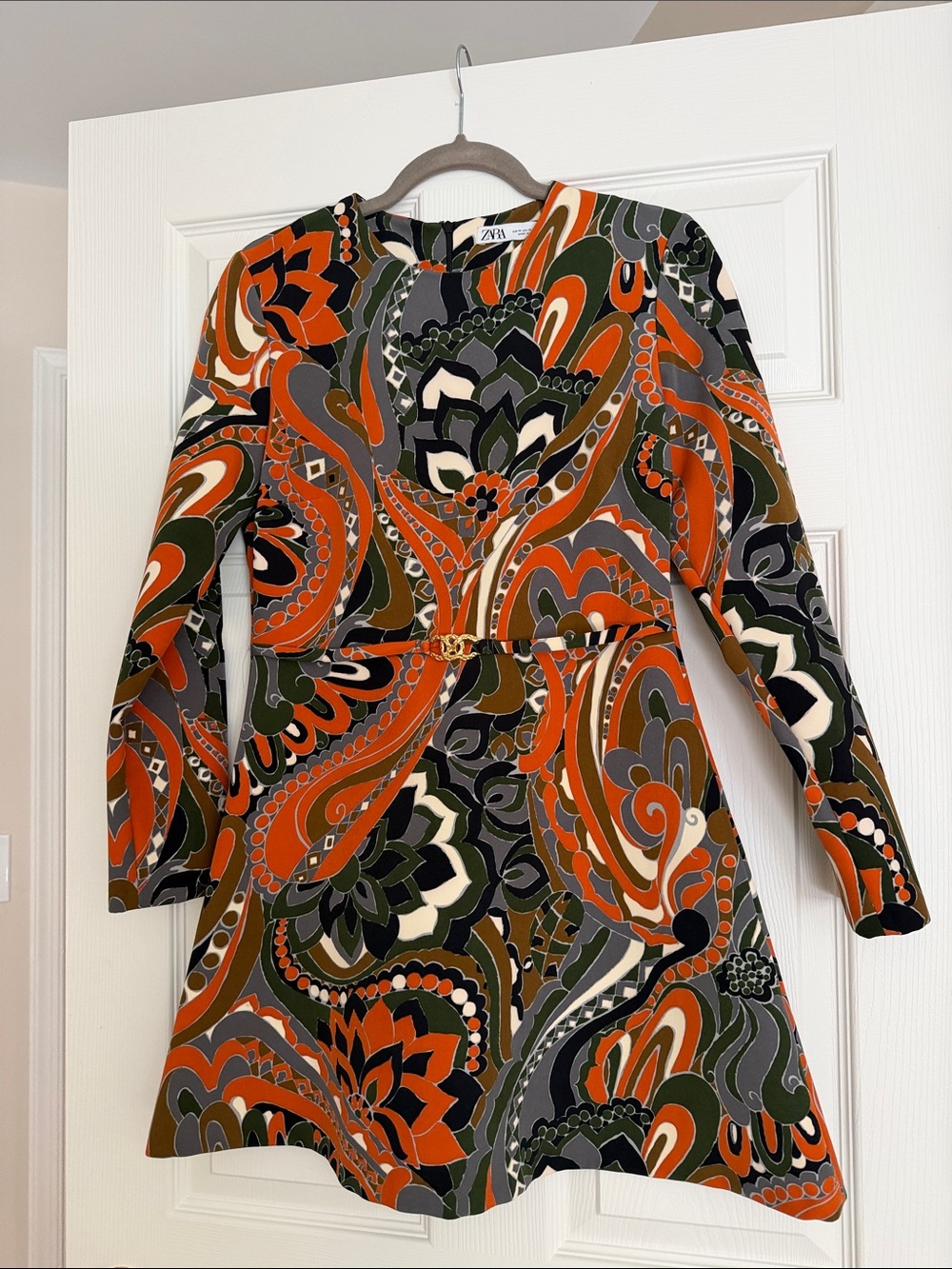 Zara Orange, Olive & Black Paisley-Print Long-Sleeve Mini Dress
